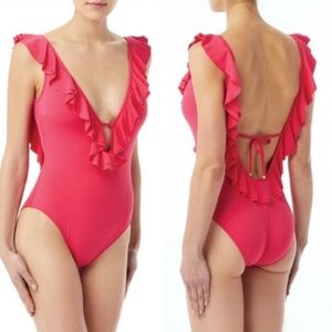 Michael Kors Coral Ruffle Swimsuit Women's Size 8 Tie Back Deep V-Neckline EUC
